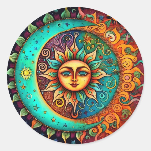 Whimsical Moon and Sun Classic Round Sticker (Front)