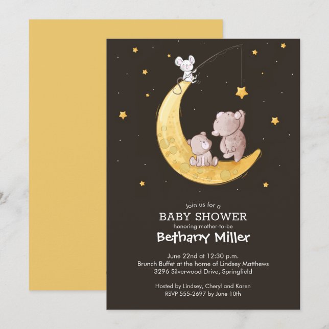 Whimsical Moon et Stars Baby Shower Invitations (Devant / Derrière)