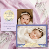 Whimsical Moon Lavender Purple Two Photo Birth
