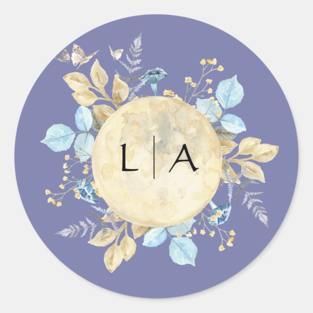 Whimsical Moon Purple Monogram Wedding Sticker (Front)