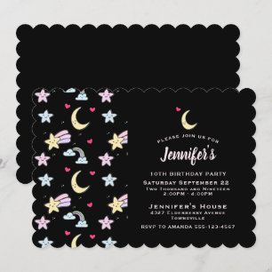 Whimsical Moon, Stars and Clouds on Black Birthday Invitation