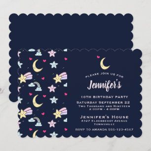 Whimsical Moon, Stars and Clouds on Blue Birthday Invitation