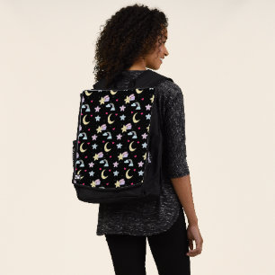 Whimsical Moon, Stars and Clouds Pattern on Black Backpack
