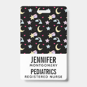 Whimsical Moon, Stars and Clouds Pattern on Black Badge