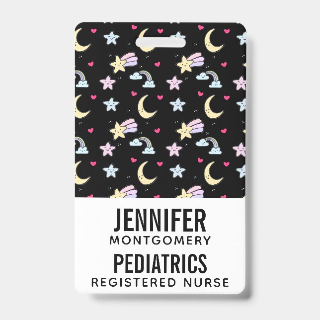 Whimsical Moon, Stars and Clouds Pattern on Black Badge (Front)