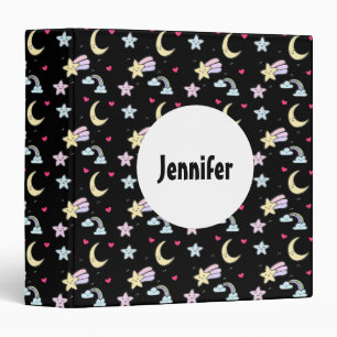 Whimsical Moon, Stars and Clouds Pattern on Black Binder