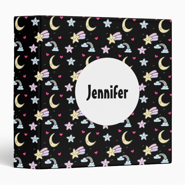 Whimsical Moon, Stars and Clouds Pattern on Black Binder (Front/Spine)