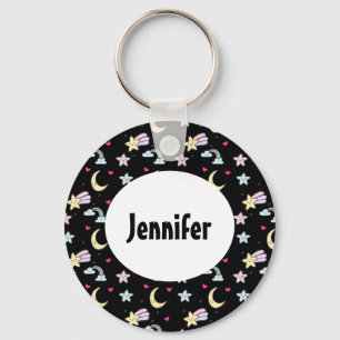 Whimsical Moon, Stars and Clouds Pattern on Black Keychain