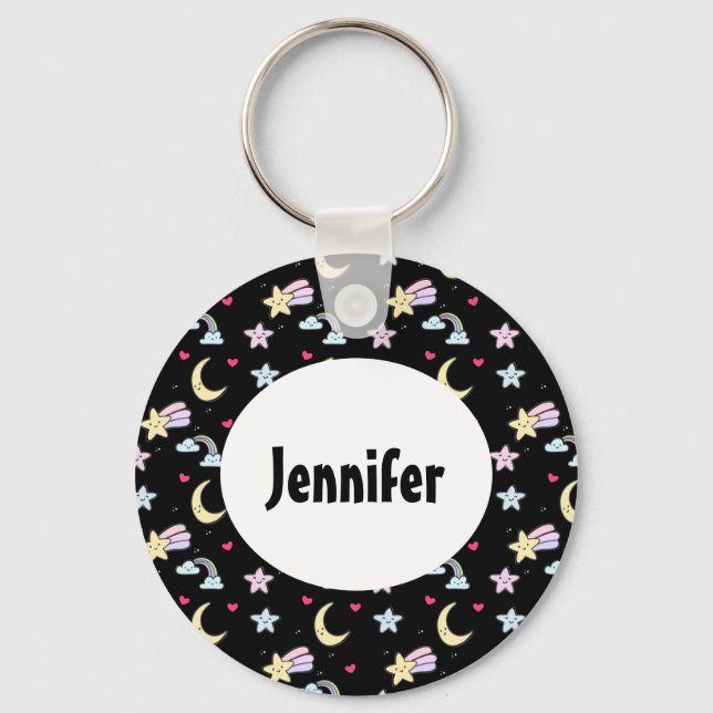 Whimsical Moon, Stars and Clouds Pattern on Black Keychain (Front)