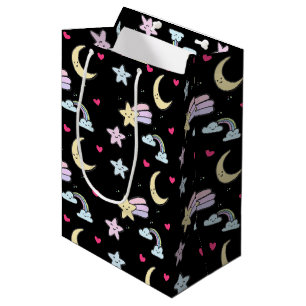 Whimsical Moon, Stars and Clouds Pattern on Black Medium Gift Bag