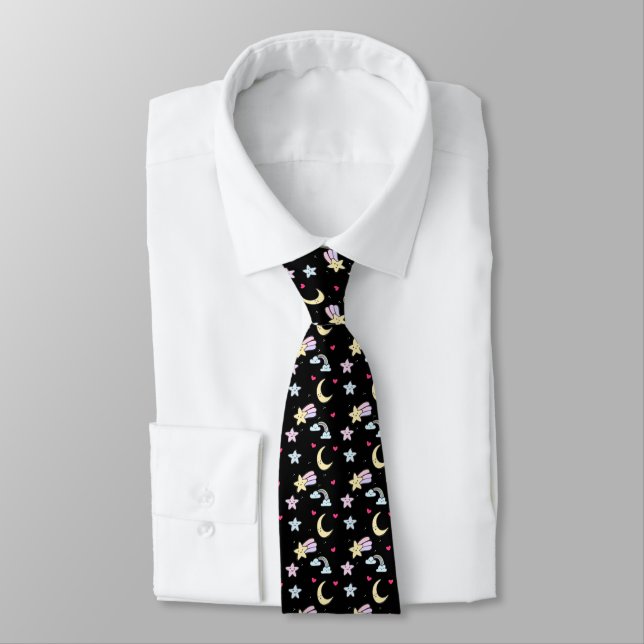 Whimsical Moon, Stars and Clouds Pattern on Black Tie (Tied)