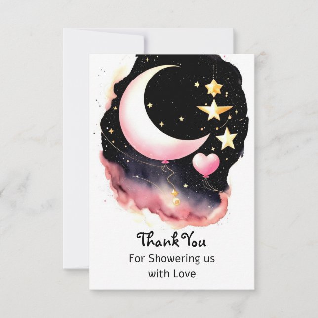 Whimsical Moon & Stars Watercolor Baby Shower Thank You Card (Front)