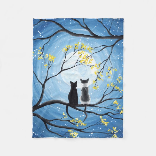 Whimsical Moon with Cats Fleece Blanket (Front)