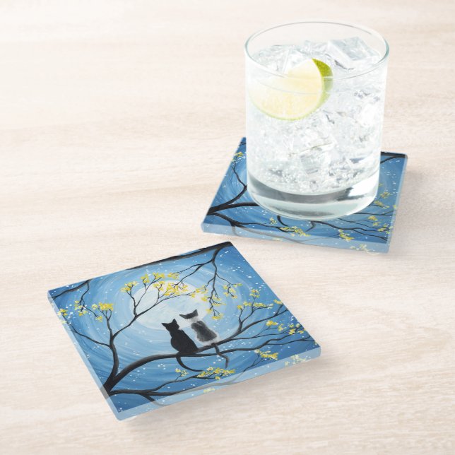 Whimsical Moon with Cats Glass Coaster (Angled)