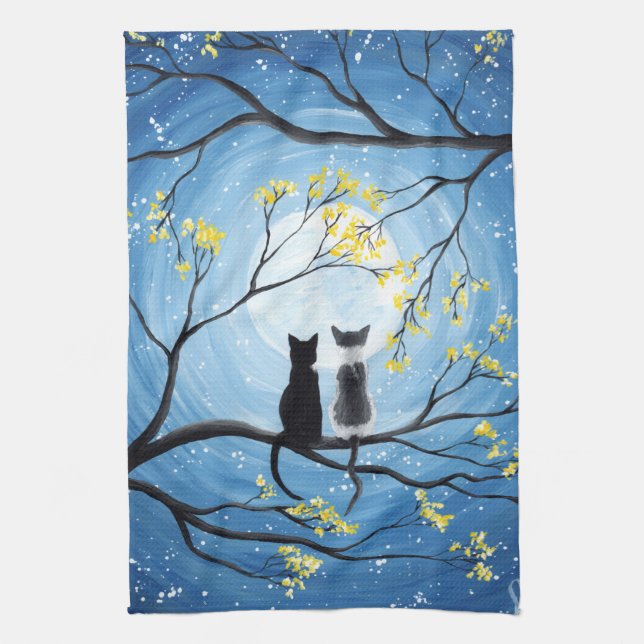 Whimsical Moon with Cats Kitchen Towel (Vertical)
