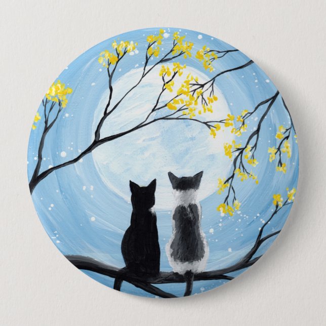 Whimsical Moon with Cats Painting 4 Inch Round Button (Front)