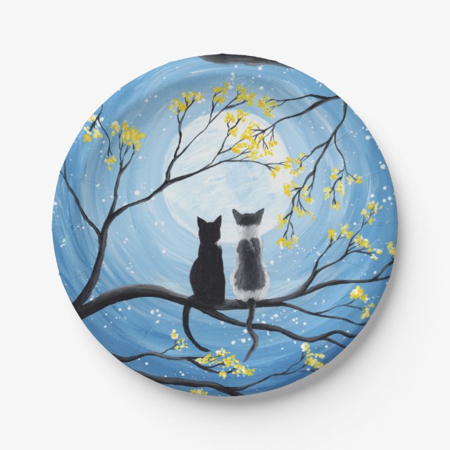 Whimsical Moon with Cats Paper Plate (Front)