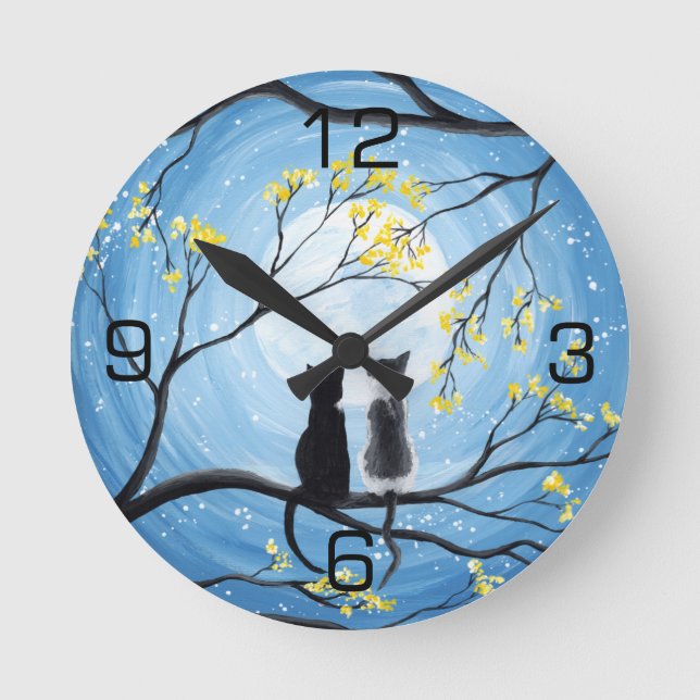 Whimsical Moon with Cats Round Clock (Front)