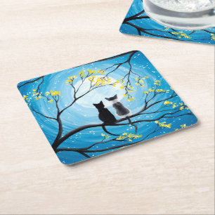 Whimsical Moon with Cats Square Paper Coaster
