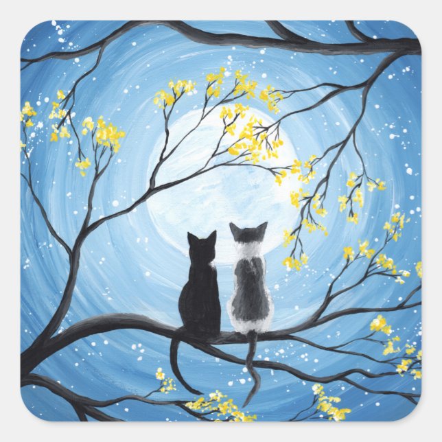Whimsical Moon with Cats Square Sticker (Front)