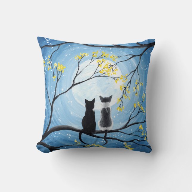 Whimsical Moon with Cats Throw Pillow (Front)