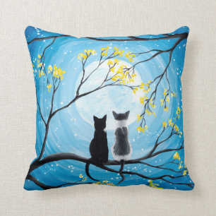 Whimsical Moon with Cats Throw Pillow