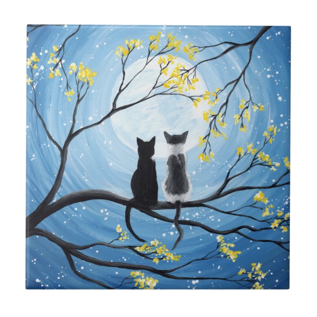 Whimsical Moon with Cats Tile (Front)