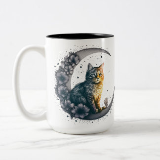 Whimsical Moonlit Cat Art Two-Tone Coffee Mug