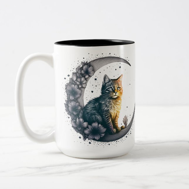 Whimsical Moonlit Cat Art Two-Tone Coffee Mug (Left)