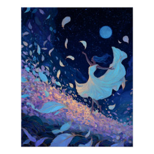 Whimsical Moonlit Dance Blue Fantasy Art Poster