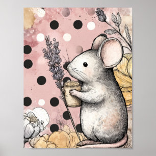 Whimsical Mouse Floral Watercolor Art Poster