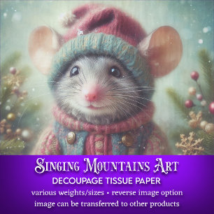Whimsical Mouse in Festive Christmas Hat Decoupage Tissue Paper