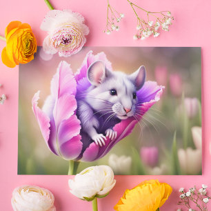 Whimsical Mouse In Tulip Haven Postcard