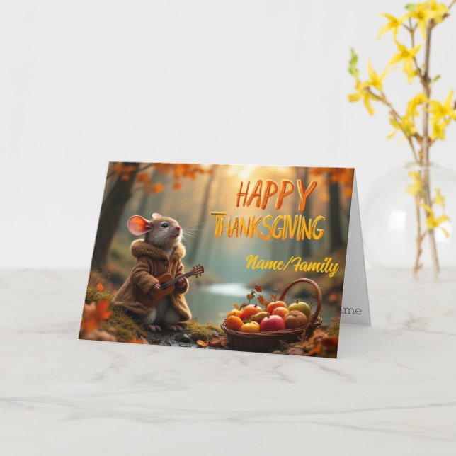 Whimsical Mouse Thanksgiving – Autumn Forest Celeb Card (Yellow Flower)