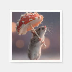 Whimsical Mouse Using a Mushroom as an Umbrella Napkin
