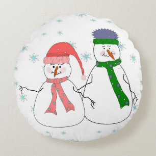Whimsical Mr. and Mrs. Snowman Snowing Winter Art Round Pillow