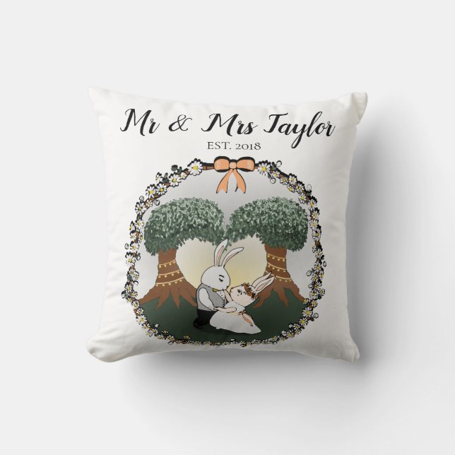 Whimsical Mr & Mrs Dancing Bunny Rabbit Wedding Throw Pillow (Front)