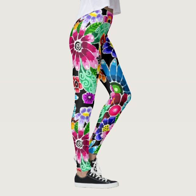 Whimsical Multi-Colour Folk-Art Flowers Floral Pin Leggings (Right)