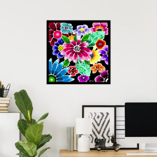 Whimsical Multi-Colour Folk-Art Flowers Floral Pin Poster