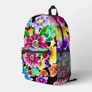 Whimsical Multi-Colour Folk-Art Flowers Floral Pin Printed Backpack