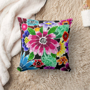 Whimsical Multi-Colour Folk-Art Flowers Floral Pin Throw Pillow