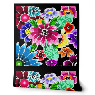 Whimsical Multi-Colour Folk-Art Flowers Floral Pin Wallpaper