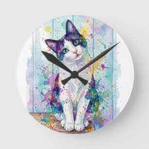 Whimsical Multi-Colour Watercolor Tuxedo Kitten Po Round Clock