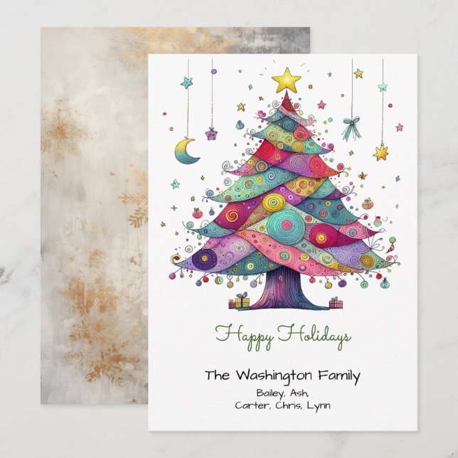 Whimsical Multicolor Christmas Tree Green Happy  Holiday Card (Front/Back)