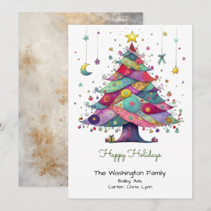 Whimsical Multicolor Christmas Tree Happy Holiday Card