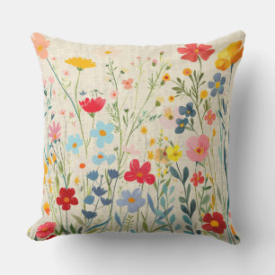 Whimsical Multicolored Floral Garden Throw Pillow