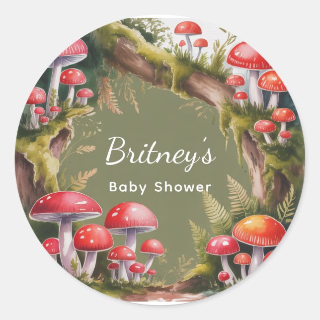 Whimsical Mushroom Baby Shower Classic Round Sticker (Front)