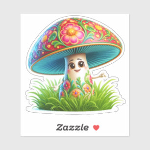 Whimsical Mushroom Character Surrounded by Flowers