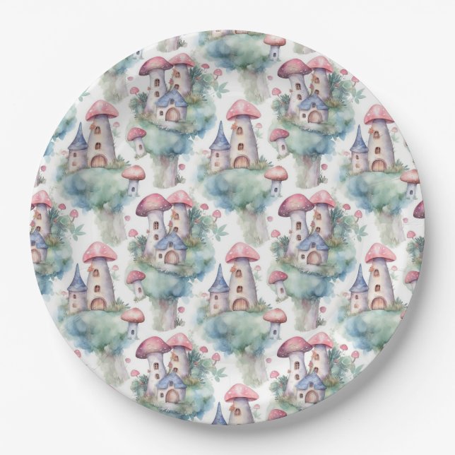 Whimsical Mushroom Cottage Pattern (10) Paper Plate (Front)