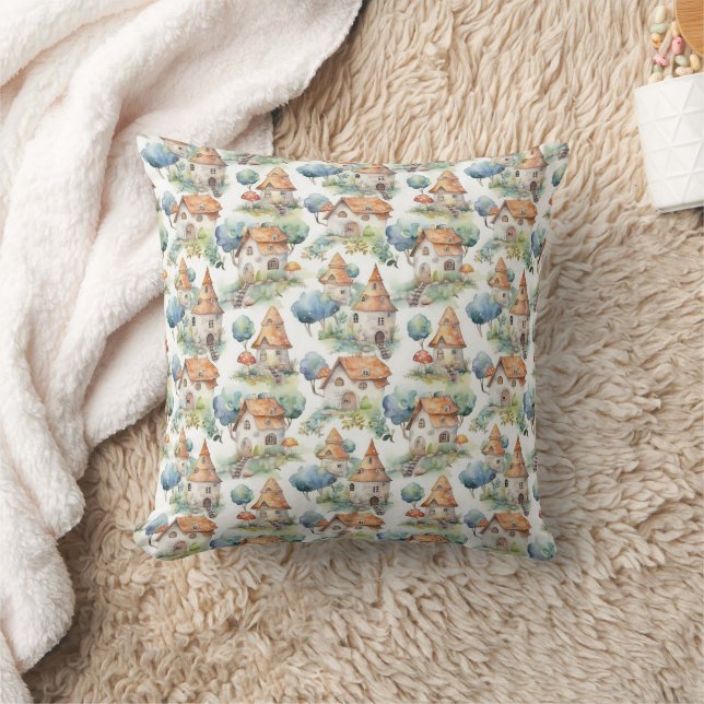 Whimsical Mushroom Cottage Pattern (11) Throw Pillow (Blanket)